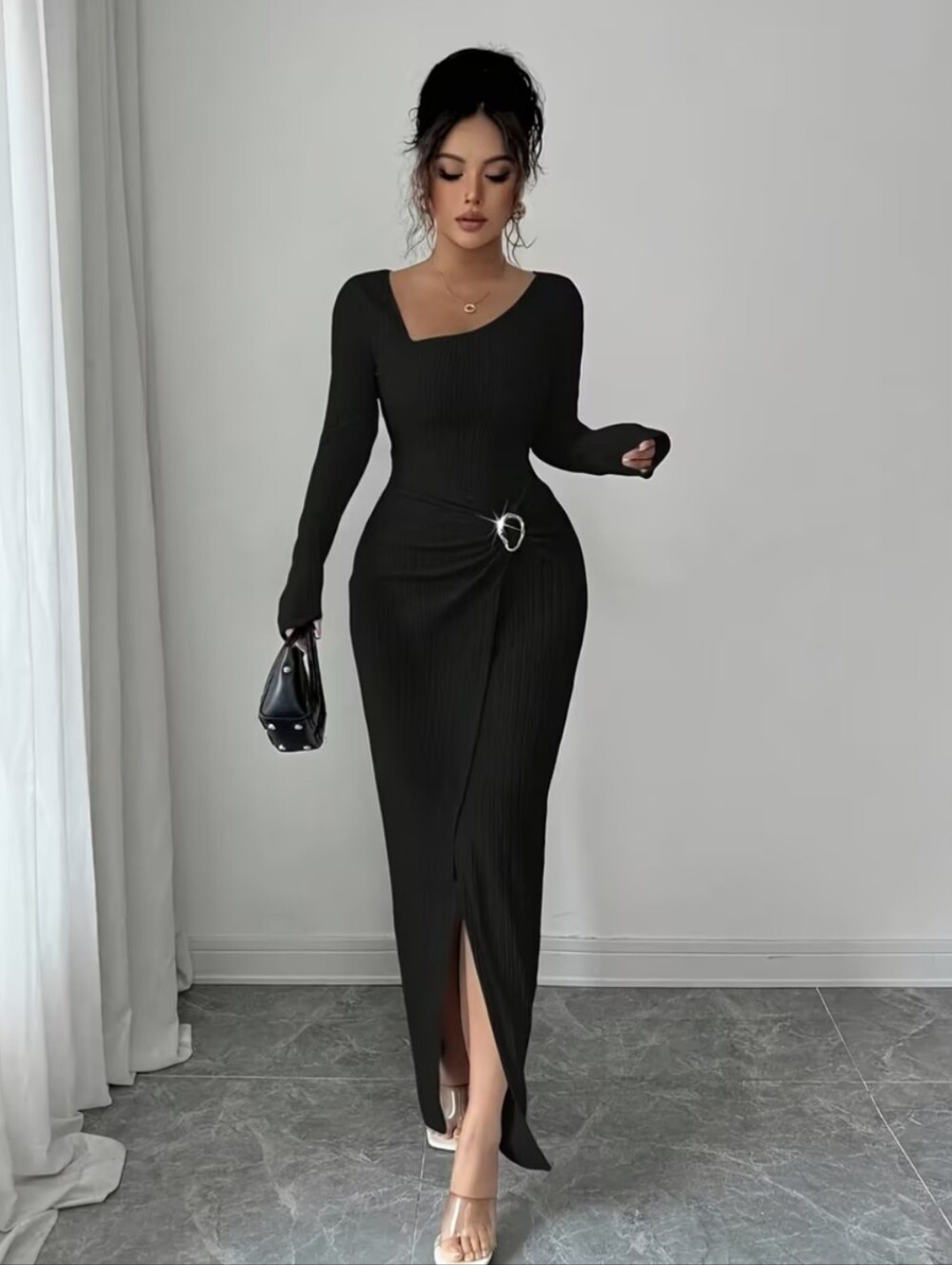 Women'S Solid Color Twisted Split Maxi Dress Asymmetrical Neck Slim Bodycon